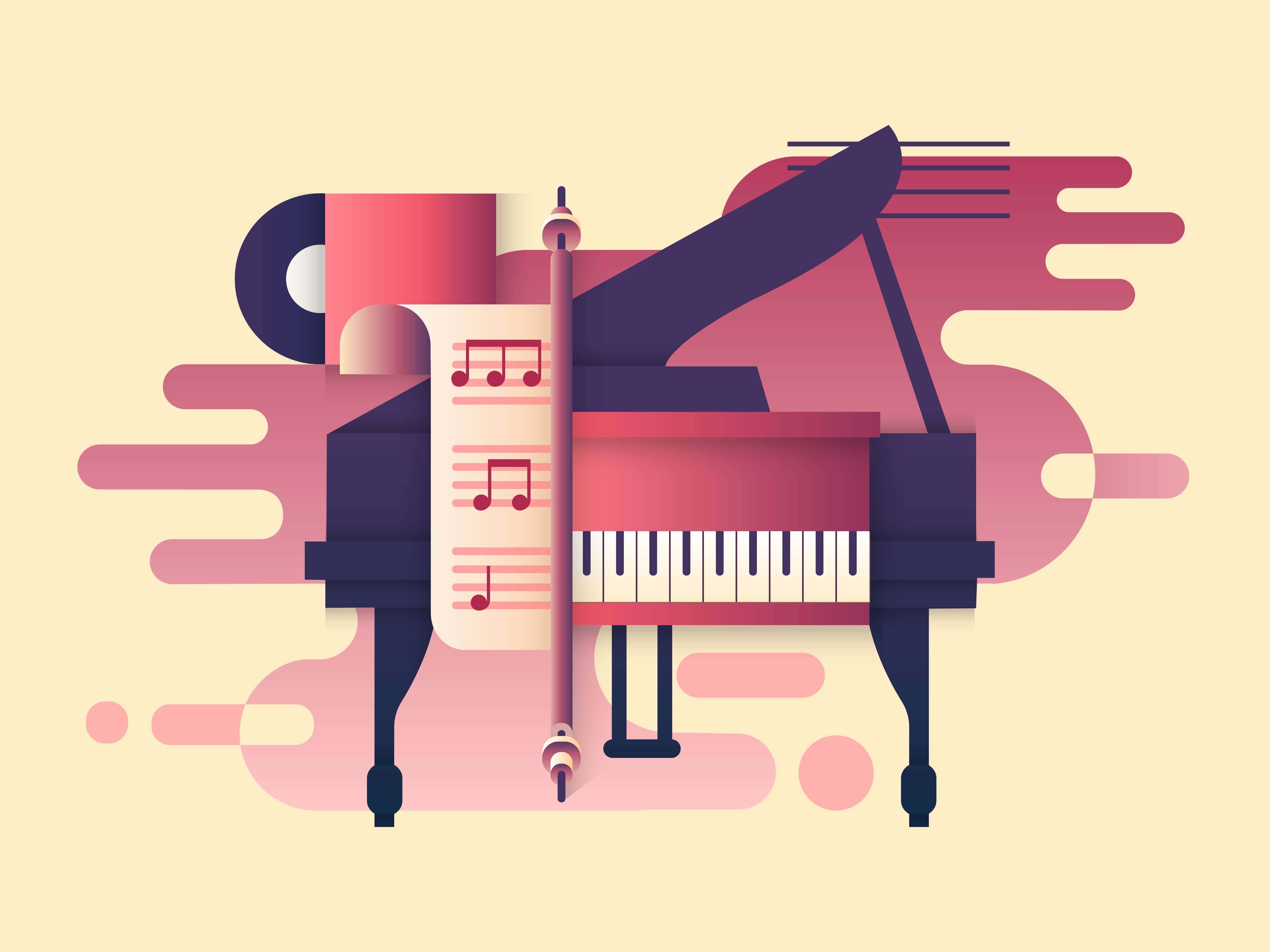 Graphics in pink and purple tones. Piano and score.