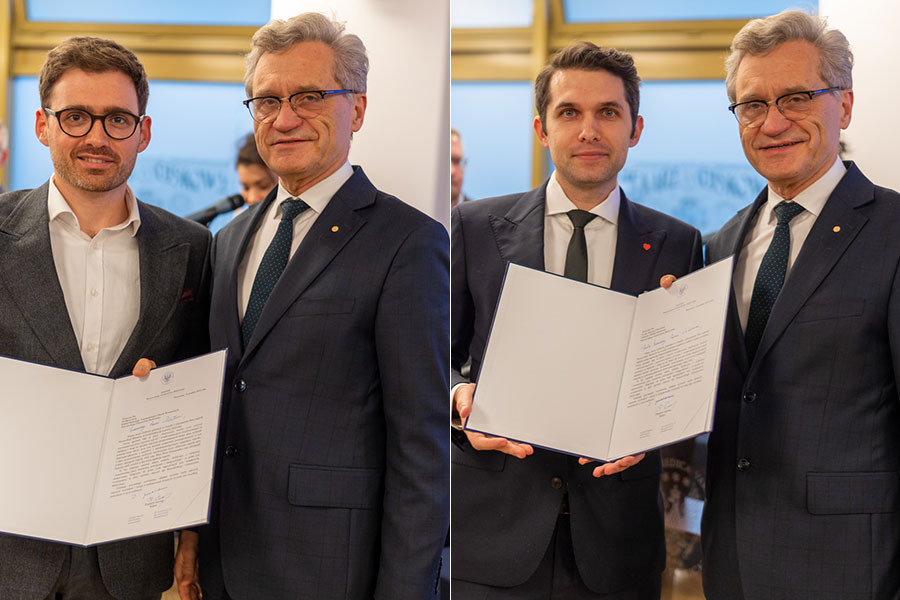 Two photographs side by side. In each photo, two men. In the left photo: from the left a younger man holding a diploma, on the right a middle-aged man. They are smiling at the camera. In the right photo: from left, a younger man holding a diploma, on the right a middle-aged man. They smile at the camera.