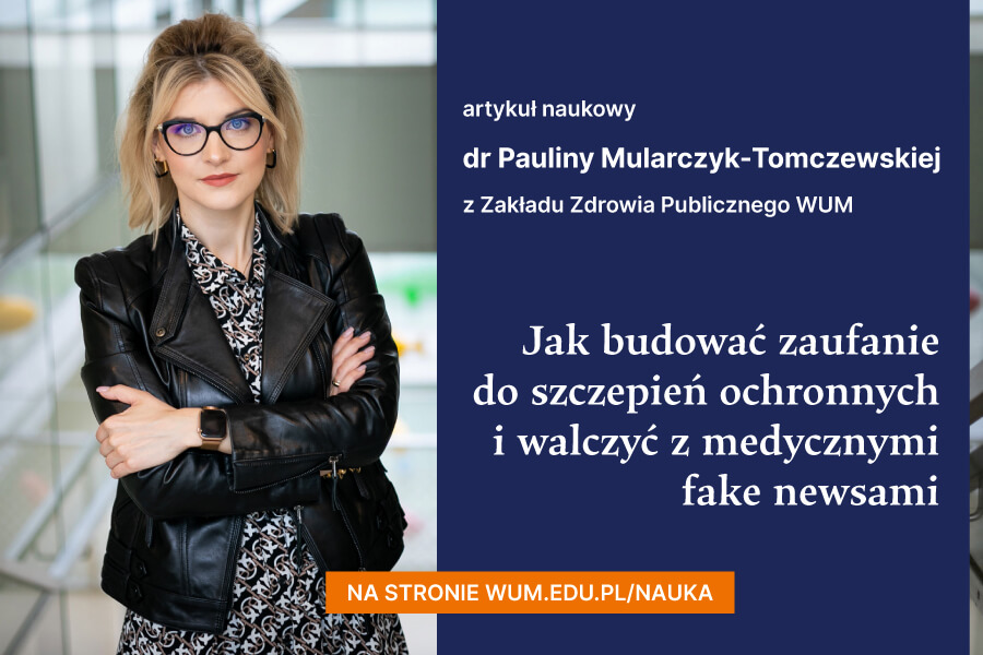 Grafika ze zdjęciem z młodą kobietą, obok niej granatowy prostokąt z białym tytułem oraz pomarańczowy prostokąt z hasłem