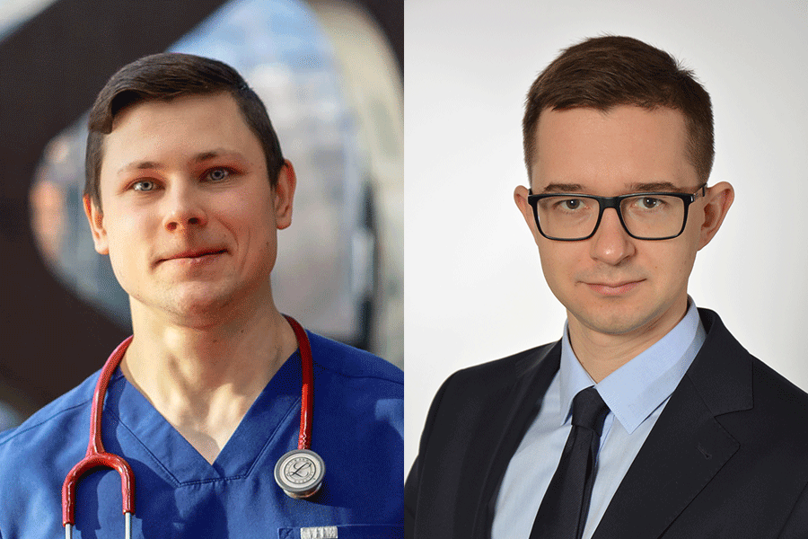 Dwa zdjęcia obok siebie. Na zdjęciu od lewej młody mężczyzna z ciemnymi włosami, ubrany w niebieski fartuch lekarski i z czerwonym stetoskopem na szyi. Po prawej młody mężczyzna z ciemnym włosami, w okularach, w ciemnym garniturze i niebieskiej koszuli i z ciemnym krawatem na szyi.