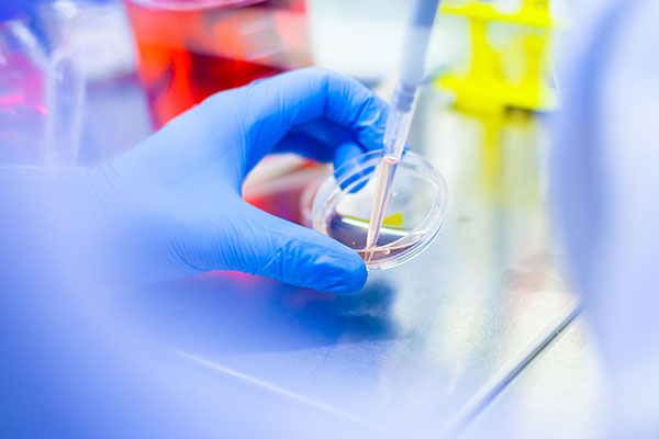 Ręka w niebieskiej rękawiczce trzyma szalkę Petriego, do której wkładana jest pipeta z płynem. W tle rozmyte elementy laboratorium: czerwony pojemnik z cieczą i żółty stojak na probówki. Scena przedstawia pracę badawczą w laboratorium.