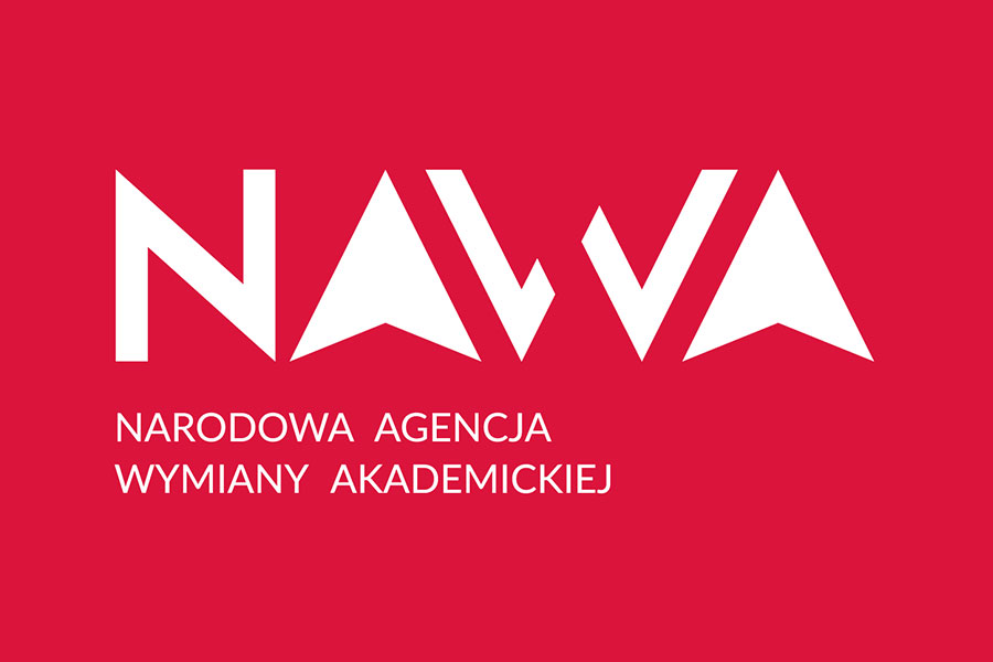 Logo of the National Agency for Academic Exchange (NAWA). On a red background, there is white lettering ‘NAWA’ in a stylized, geometric font. Below it, there is white lettering ‘National Agency for Academic Exchange’.
