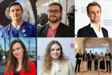 Kolaż sześciu zdjęć. Górny rząd: mężczyzna w niebieskim stroju medycznym ze stetoskopem na szyi, mężczyzna w ciemnej marynarce i czerwonej koszuli w okularach, mężczyzna w czarnym garniturze i białej koszuli. Dolny rząd: kobieta z ciemnymi włosami w czerwonej marynarce, następnie kobieta z jasnymi kręconymi włosami w białej bluzce i jasnej marynarce, na końcu zdjęcie zbiorowe przedstawiające sześć elegancko ubranych osób. Wszyscy uśmiechają się do zdjęcia. Pięć z nich trzyma w rękach dyplomy.