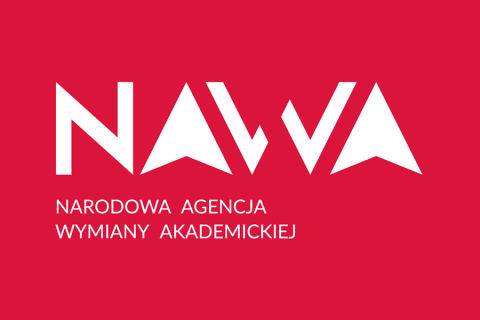 Logo Narodowej Agencji Wymiany Akademickiej (NAWA). Na czerwonym tle znajduje się biały napis 'NAWA' w stylizowanej, geometrycznej czcionce. Pod nim widnieje biały napis 'Narodowa Agencja Wymiany Akademickiej'