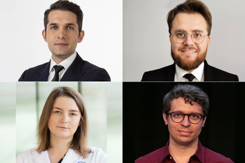 Cztery zdjęcia osób. Górny lewy: mężczyzna w ciemnym garniturze i białej koszuli na jasnym tle. Górny prawy: mężczyzna z brodą w czarnym garniturze i białej koszuli na szarym tle. Dolny lewy: kobieta w białym fartuchu medycznym na zielonym tle. Dolny prawy: mężczyzna w bordowej koszuli na czarnym tle.