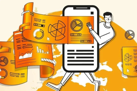 Logotyp QS World University Rankings 2025 przedstawia postać trzymającą duży smartfon, z którego ekranu wychodzą rozwinięte pomarańczowe zwoje papieru z wykresami i diagramami. W tle widoczna jest stylizowana mapa świata w odcieniach pomarańczowych i białych