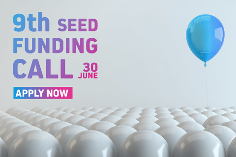 Plakat 9th Seed Funding Call: leżące białe piłeczki i jeden niebieski balonik nad nimi.